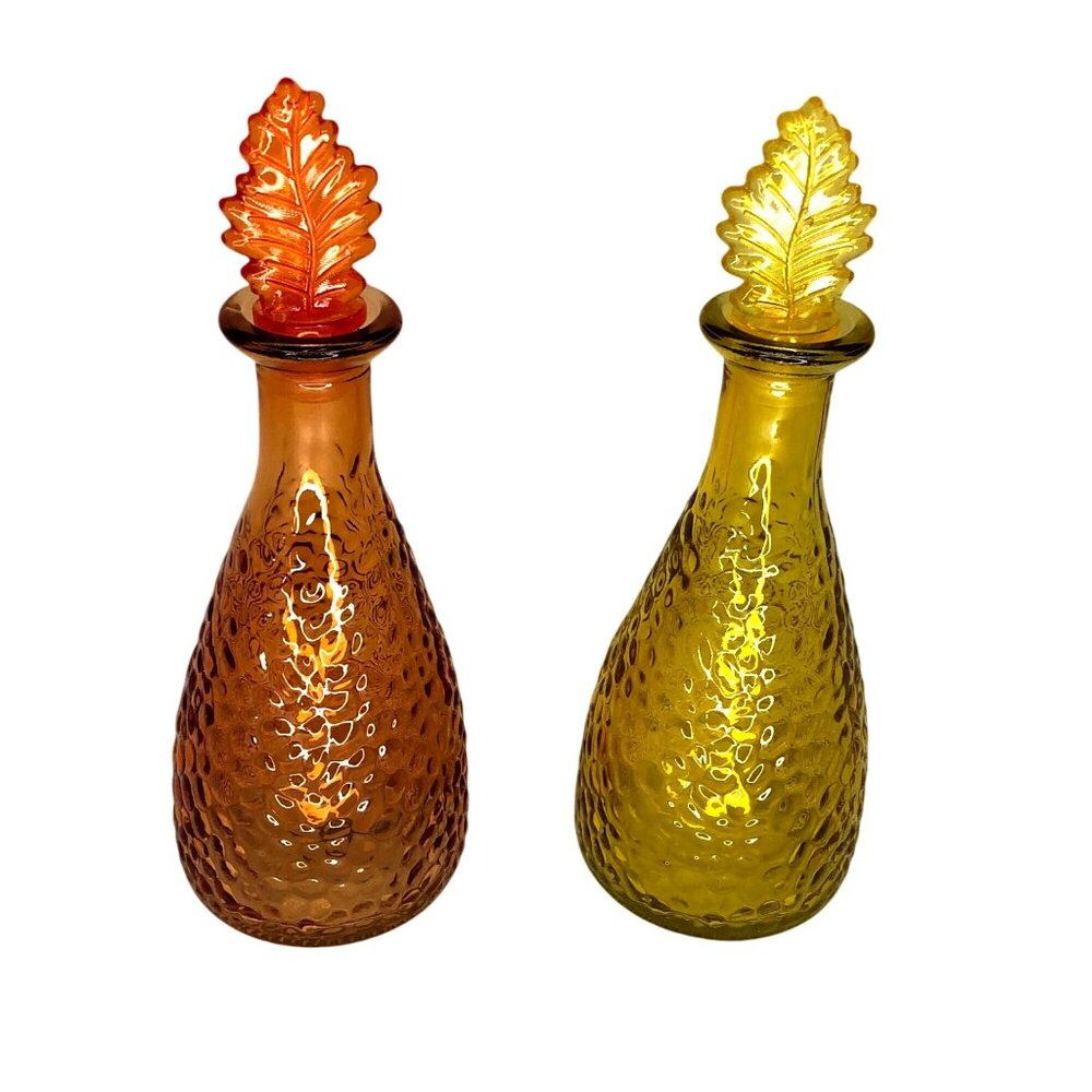 Amber & Yellow Glass Decanter Bottles With Leaf Stoppers